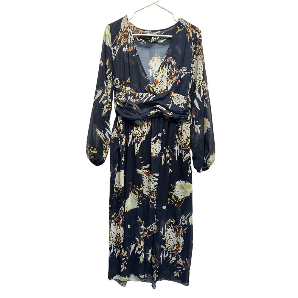 Vintage Midi Dress Sheer Floral Ruching Lined Long Sleeve Y2K‎ Coquette